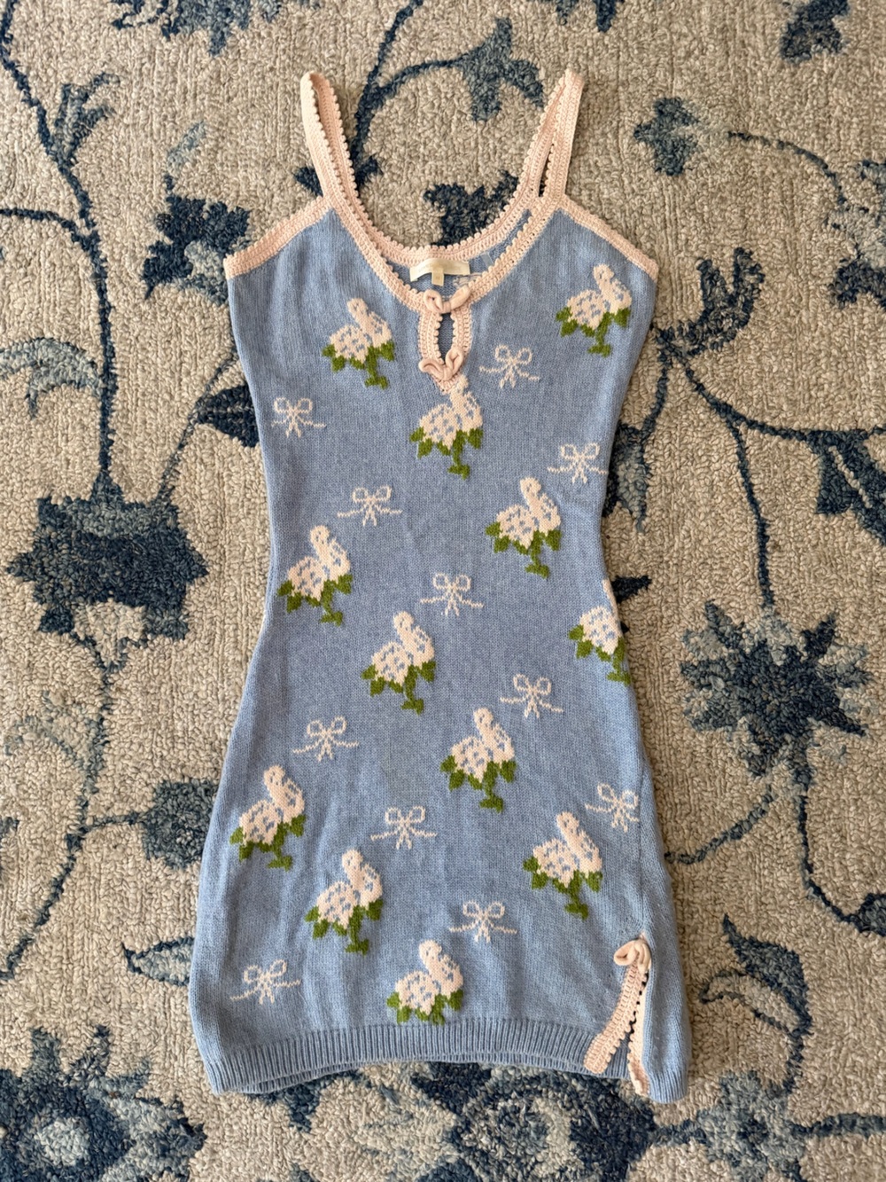 LoveShackFancy Light Blue Floral Knit Mini Dress with Pink Trim